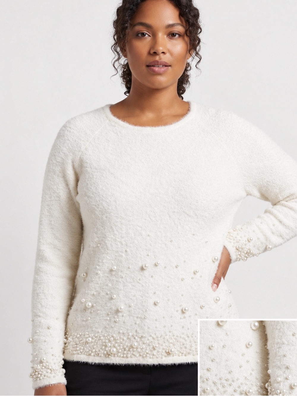 Boston Proper Ivory Pearl Embellished Fuzzy Sweater XL Rhinestone Beadedy New